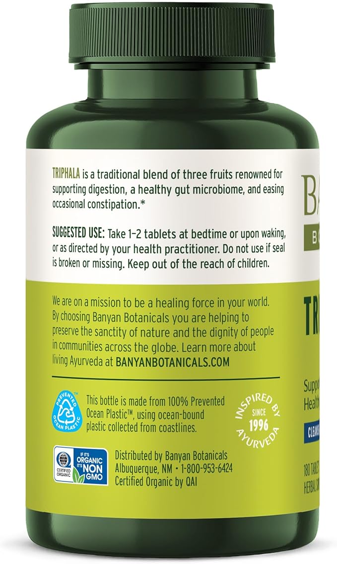 Banyan Botanicals Organic Triphala Tablets - Gentle Daily Digestion &amp Colon Cleanse Support - Amla Haritaki Bibhitaki - Healthy Elimination Detox &amp Gut Microbiome - 180 Tablets - Non-GMO V
