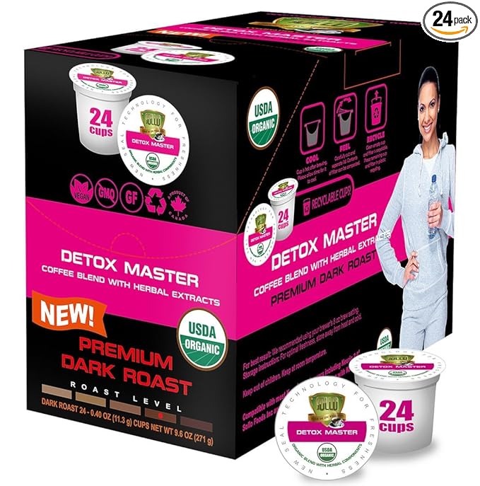 SOLLO Organic Detox Coffee Pods Supports Diet &amp Metabolism with Herbal Extracts Bold Dark Roast Single Serve Pod Compatible with Keurig K-Cup Brewers 24 Ct
