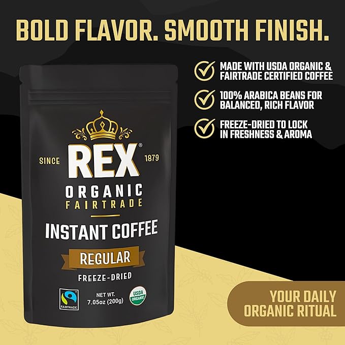 Rex Organic Fairtrade Freeze-Dried Instant Coffee – Medium Roast Arabica 7.05 oz (Pack of 2) Resealable Pouch Bags – USDA Organic &amp Fairtrade Certified Lab Tested for Mold &amp Mycotoxins