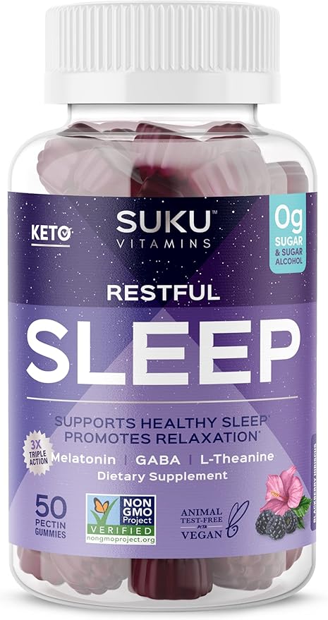 SUKU Restful Sleep Gummies – 3 mg Melatonin L-Theanine &amp GABA – Vegan Sugar-Free Chewable for Relaxation &amp Natural Sleep Support – BlackBerry-Hibiscus Flavor – Non-GMO Gluten-Free – 50 Coun