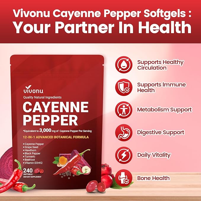VivoNu Cayenne Pepper Softgels Supplement Supports Leg Vein Heart and Blood Vessel Health with Vitamin E D3+K2 and Extracts of Grape Seed Hawthorn Beetroot Berberine and Other