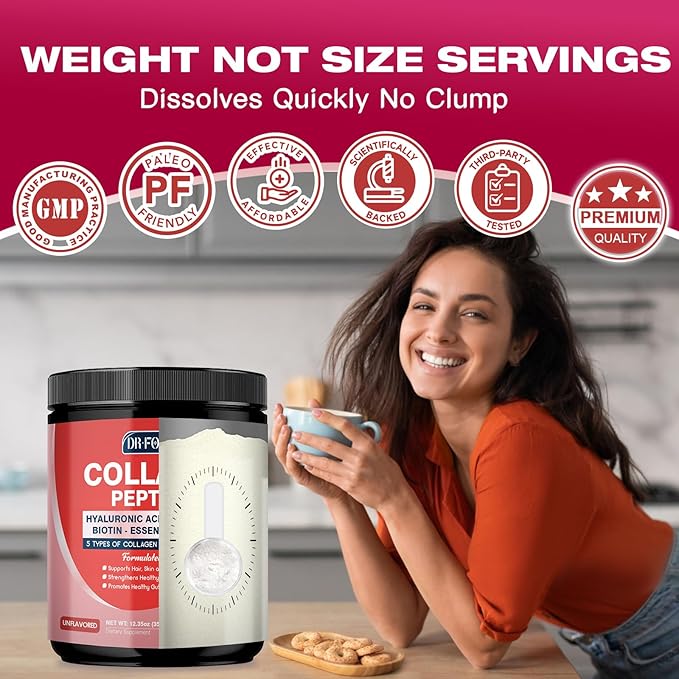 DRFOSTER Multi Collagen Peptides Powder with Probiotics - Type I II III V X Hydrolyzed Collagen Peptides with Multivitamins Hyaluronic Acid &amp Biotin - Support Skin Hair Nail Joints &amp Gut 35