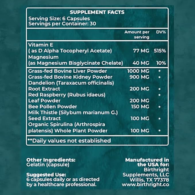 Birthright Female Hormone Support for Energy Fertility Menstrual Cycle Ovulation Pregnancy and Menopause… All Natural Animal Based Liver Kidney Magnesium Red Raspberry Herbal Blend Revive