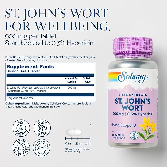 SOLARAY St. Johns Wort Aerial Extract One Daily 900mg Standardized w/ 0.3% Hypericin for Mood Stability &amp Brain Health Support Non-GMO |60 Servings | 60 Tablets