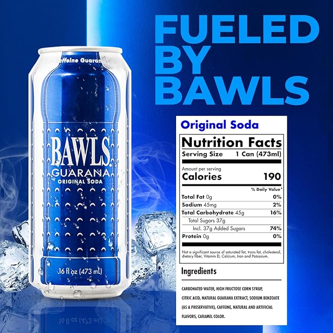 BAWLS Guarana Original BAWLS Guarana Drink Guarana Soda Guarana Fueled Soda for Energy High Energy Caffeinated Drink 16oz 24 Pack Cans