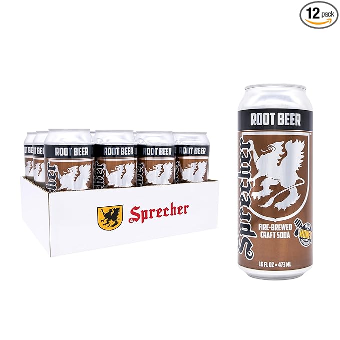 Sprecher Root Beer 16 fl oz Cans (12 Pack) Fire-Brewed Premium Craft Soda with Real Honey Caffeine Free Gluten Free Premium Soft Drink