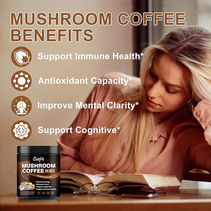 10 Mushroom Coffee Powder Mushroom Blend- Lion's Mane Chaga Cordyceps Brain Supplements with Arabica Coffee Ashwagandha L-Theanine for Energy Focus Memory and Immunity 5.65 Fl Oz