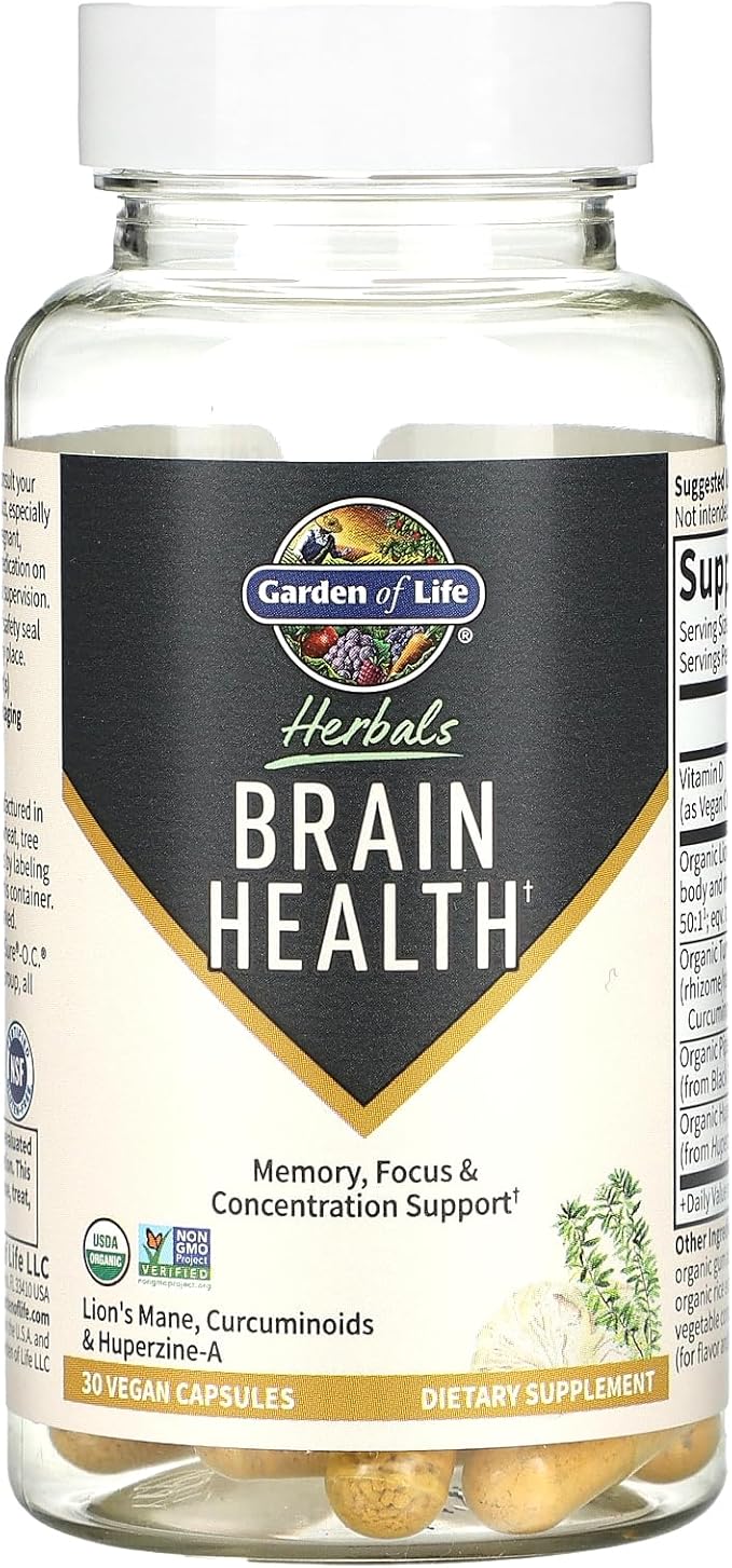 Garden of Life Brain Health Supplement with Organic Lion’s Mane &amp Turmeric Non-GMO Gluten-Free Mint Flavor - for Memory Focus &amp Healthy Brain Function