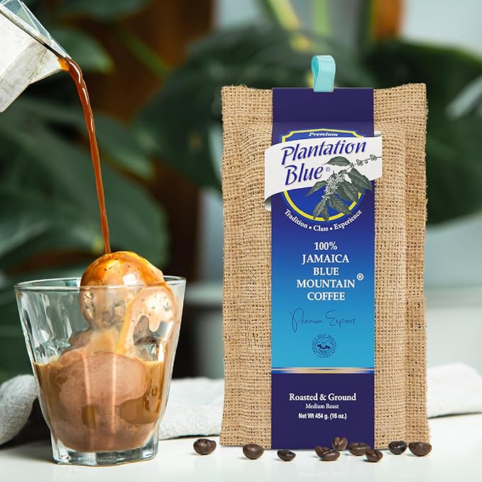 Plantation Blue Jamaica Blue Mountain Coffee Bundle – 8oz Dark Roast Whole Beans &amp 1lb Medium Roast Ground