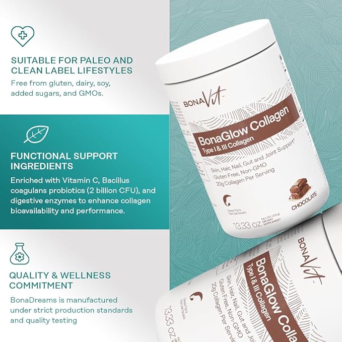 Collagen Peptides - Type I &amp III - Premium Hydrolyzed Collagen Powder - with Digestive Enzymes &amp Probiotics - High Dosis of Collagen &amp Protein - 14 Servings - BonaGlow Chocolate