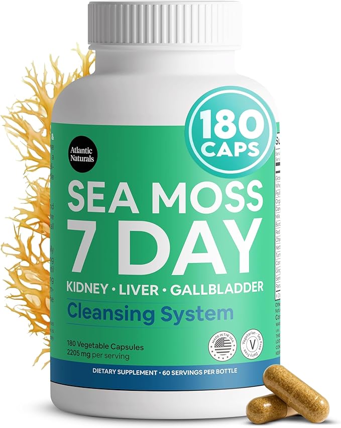 Atlantic Naturals Sea Moss Capsules – 7 Day Herbal Blend for Liver &amp Gallbladder Wellness – with Dandelion Root Milk Thistle Burdock Root Red Clover &amp Chanca Piedra – 180 Count Sea Moss Cap