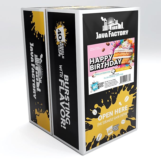 Java Factory Flavored Coffee Pods Happy Birthday Cake Icing Compatible with K Cup Brewers 40 Count