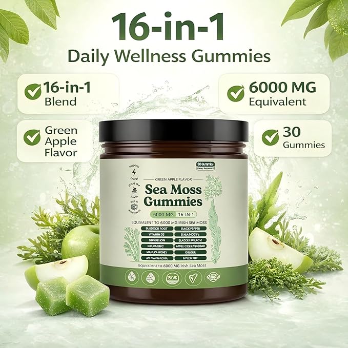 Sea Moss Gummies 16-in-1 Sea Moss Blend with Black Seed Oil-Green Apple Flavor(1 Bottle)