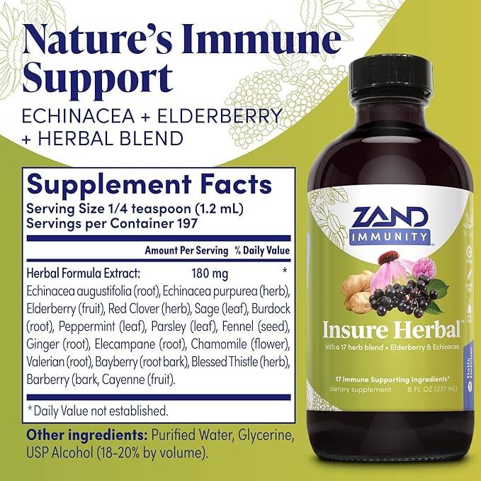 ZAND HERBALS Insure Herbal Liquid Blend - 17 Wellness Ingredients - w/Echinacea Elderberry Ginger Sage Peppermint and More - Gluten Free Vegan Non-GMO 60-Day Guarantee 197 Servings 8 FL OZ