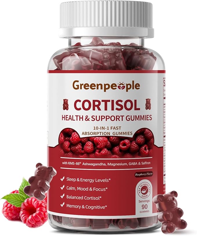 GREENPEOPLE Cortisol Supplements for Women &amp Men - Cortisol Reducer Detox Manager w/KSM-66 Ashwagandha/Magnesium/L-theanine/GABA/Vitamin B6 for Mood/Sleep/Stress Relief 90 CT Raspberry Flavor Gumm
