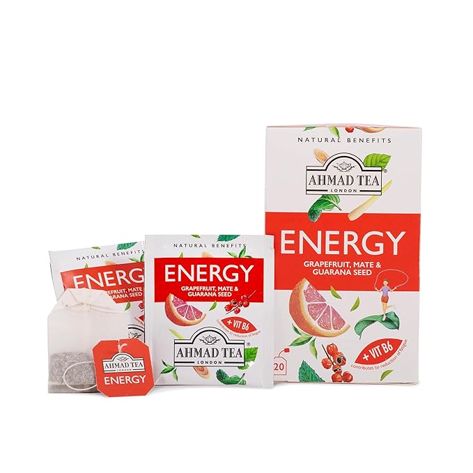 Ahmad Tea Herbal Tea Grapefruit Mate Guarana Seed &amp Vitamin B6 'Energy' Natural Benefits Teabags 20 ct (Pack of 6) - Caffeinated &amp Sugar-Free
