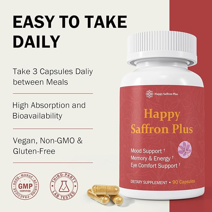 Saffron Supplement for Mood Focus Energy Support Organic Saffron Extract with Curcumin &amp Zinc High Absorption 90 Vegan Capsules