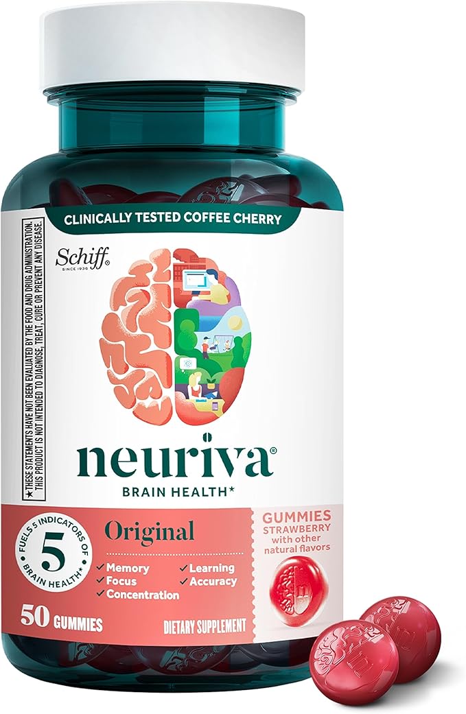 NEURIVA Original Brain Supplement for Memory Focus &amp Concentration + Learning &amp Accuracy with Clinically Tested Nootropics Phosphatidylserine and Neurofactor Strawberry Flavor 50 Gummies