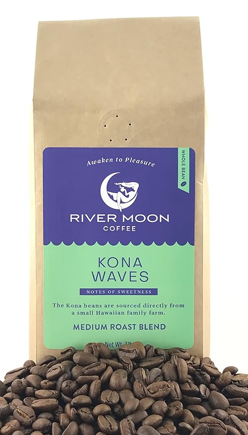 River Moon Coffee Kona Coffee Whole Bean Medium Roast 16 Ounce Kona Waves Hawaiian Blend Sustainably Farmed 100% Arabica