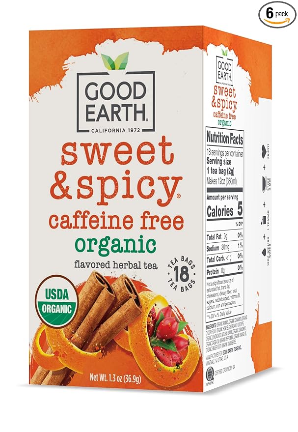 Good Earth Tea Sweet &amp Spicy Organic Caffeine Free Herbal Black Tea 18 Teabags (Pack of 6)