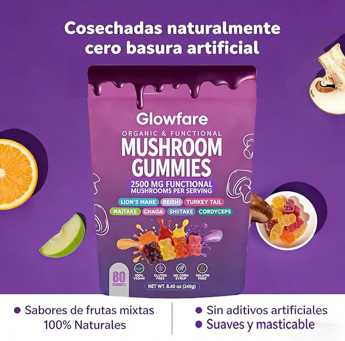 Mushroom Gummies Organic &amp Functional Mushroom Gummies Glow Fare Mushroom Gummies Supplement for ImmuneDefense Immune Boosts Cognitive Performance and Energy 80 Gummies (1PCS)