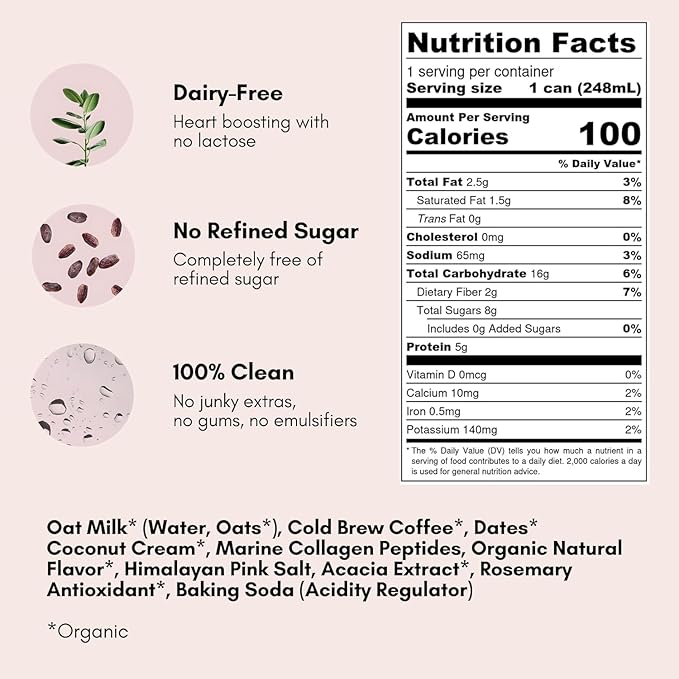 Pop &amp Bottle Vanilla Oat Milk Lattes - Cold Brew Sustainably Sourced Marine Collagen MCT Oil Organic Dairy Free Gluten Free Lightly Sweetened with Dates - 8 Fl Oz (Pack of 8)