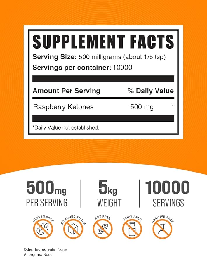 BulkSupplements.com Raspberry Ketones Powder - Raspberry Ketones Supplement Antioxidant Source - for Energy Support Gluten Free 500mg per Serving 5kg (11 lbs) (Pack of 5)