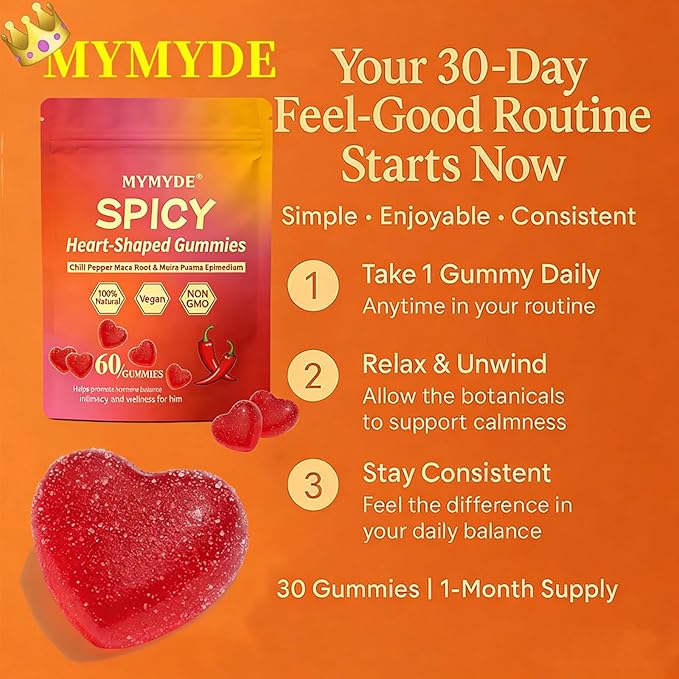 Spicy Square Gummy Heart-Shaped Intimacy Gummies with Muira Puama Chili Pepper Maca&amp Epimedium for Promote Hormone Balance Vegan Peach Flavor (60 Gummies)