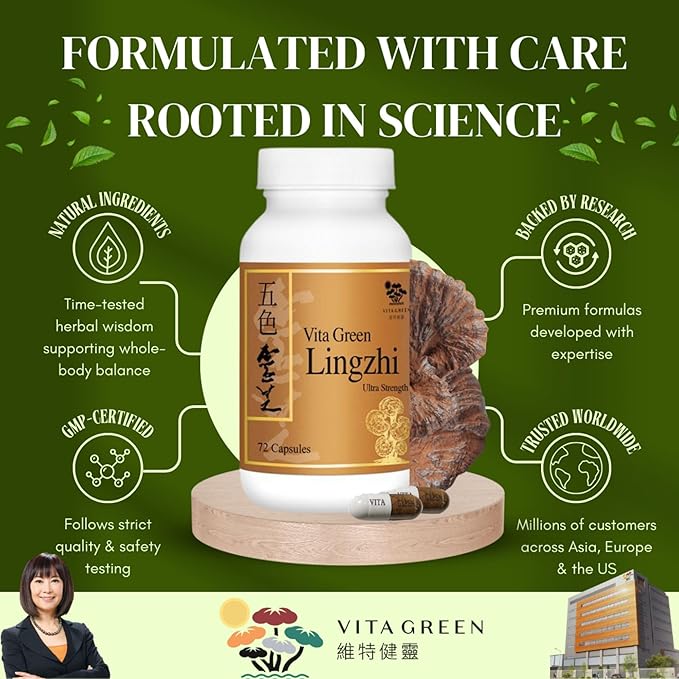 Vita Green Lingzhi Mushroom Supplement (五色靈芝) – Pure Reishi with Natural Antioxidants for Wellness Energy and Immune Support for Men &amp Women – 72 Capsules
