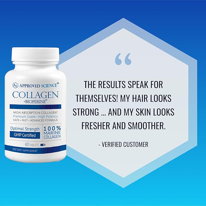 Approved Science Collagen Pills - Absorbable Marine Collagen Types I and III - 60 Tablets - Healthy Hair and Skin - Vitamin C Sodium and Bioperine for Fast Results - Non-GMO Made in USA