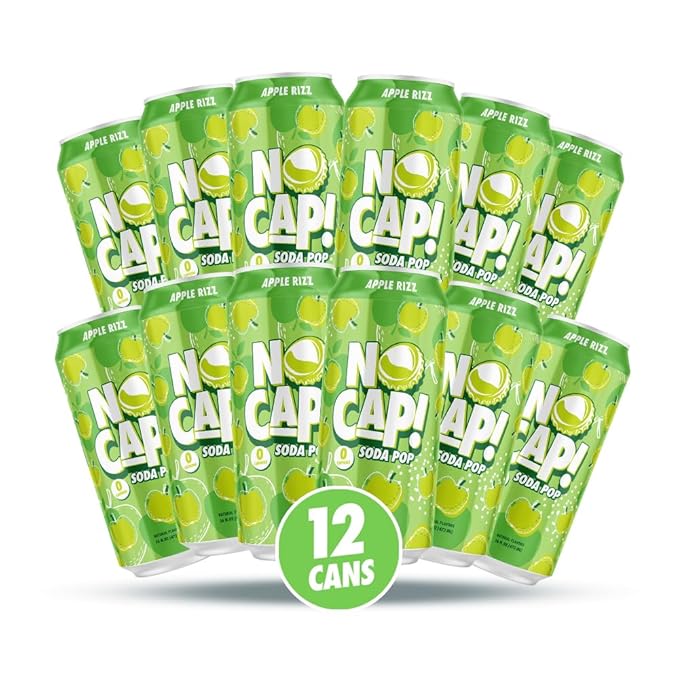 NO CAP! Next Gen Soda Pop with Zero Sugar Zero Calories and Electrolytes for Hydration Naturally Flavored Caffeine-Free Soda Vegan &amp Gluten-Free 16 oz Cans (Apple Rizz)