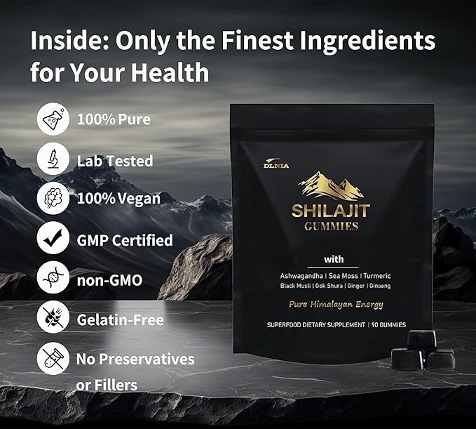 Shilajit Gummies with Ashwagandha Turmeric - Organic Zero Sugar &amp Vegan-Friendly Himalayan Shilajit for Men &amp Women - Energy Calm Cortisol Sleep Immune Support &amp Overall Health