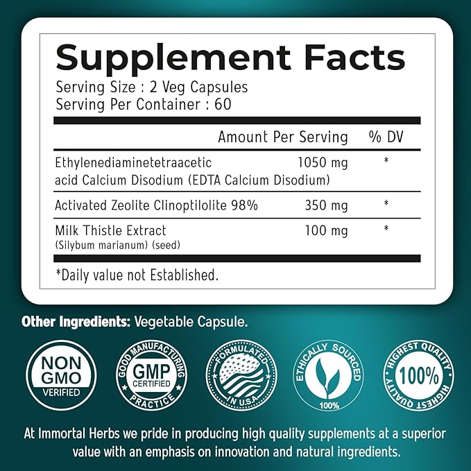 EDTA Capsules 1500mg with Zeolite 98% and Milk Thistle 120 Pills Non-GMO &amp Gluten Free Calcium Disodium EDTA Supplement