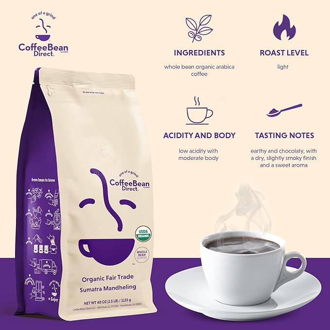 Coffee Bean Direct Organic Fair Trade Sumatra Mandheling Whole Bean Coffee Light Roast 2.5 Pound Bag (Pack of 1)