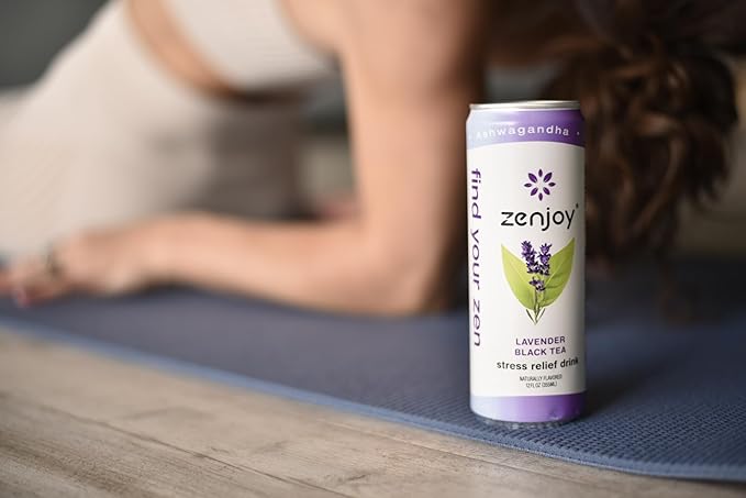 Zenjoy Stress Relief Drink Calming Black Tea Non Alcoholic Ashwagandha &amp Lemon Balm for Stress Relief L - Theanine for Focus (12 Pack) (Lavender)