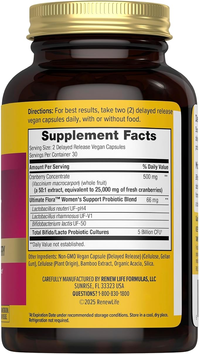 Renew Life Women's Wellness Vaginal and Urinary Probiotic and Cranberry Supplement Probiotic Supplement for pH Balance for Women Digestive Health Dairy Soy and Gluten-Free 3.5 Billion CFU 60 Ct