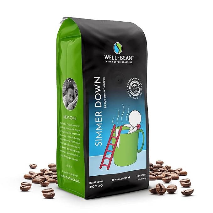 Well-Bean Coffee - Simmer Down Colombian Coffee Beans Decaf Coffee Swiss-Water-Processed Whole Bean Coffee Vegan Decaf Coffee Beans Light Roasted Coffee 2 lb Coffee Bag