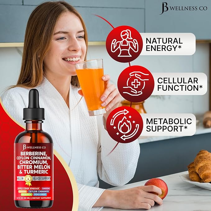 Berberine with Ceylon Cinnamon Supplement Liquid Drops + Bitter Melon Extract Glucomannan Gymnema Chromium Turmeric Panax Ginseng Moringa- 4 OZ