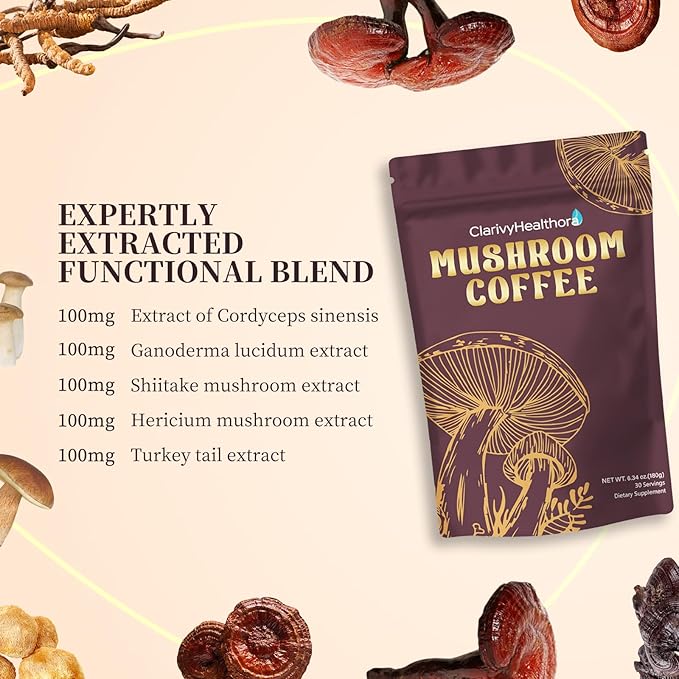 Instant Mushroom Coffee with Lions Mane Turkey Tail 6 Adaptogenic Mushrooms – Mushroom Supplement &amp Powder for Energy Focus Digestion &amp Immunity – 30 Servings