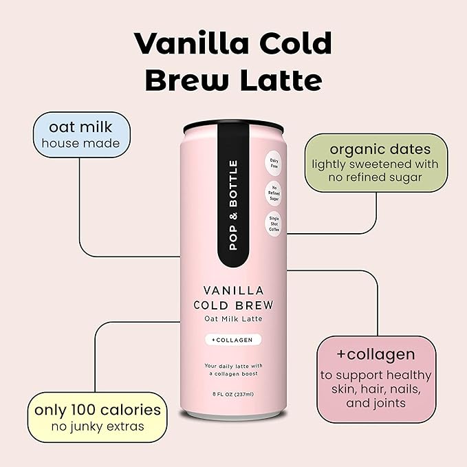 Pop &amp Bottle Oat Milk Lattes - Cold Brew With Sustainably Sourced Marine Collagen Mct Oil Oat Milk Organic Dairy Free Gluten Free Great As Iced Coffee Lightly Sweetened With Dates - Vanill