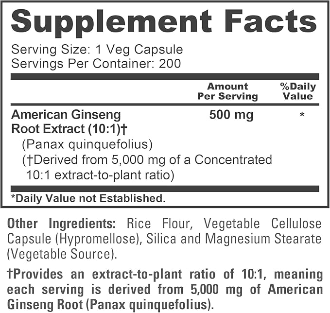 NusaPure American Ginseng 10:1 Extract 500 mg Equivalent to 5000mg - 200 Veggie Capsules (Vegetarian Non-GMO Vegan)