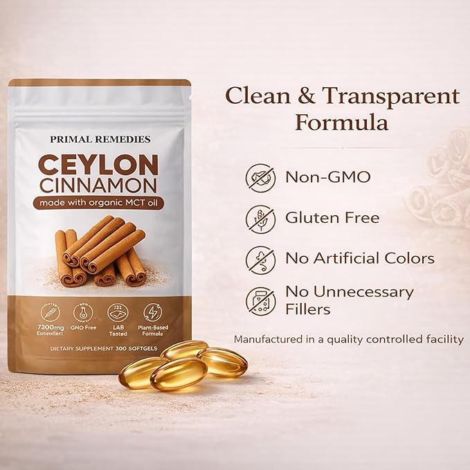 Primal Remedies Ceylon Cinnamon Capsules – 300 Softgels Equivalent Per Serving Cinnamomum Verum Bark Extract Clean Plant Based Supplement for Daily Wellness Routine (1)