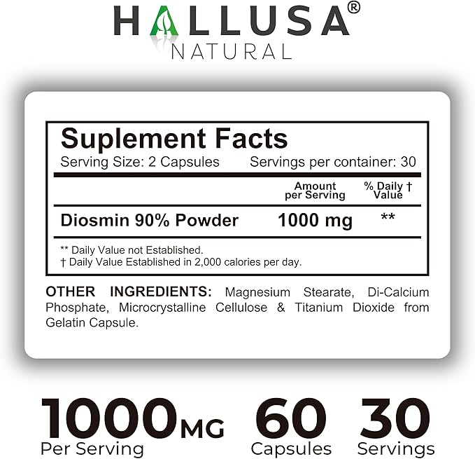 Hallosmine Advance 1000mg Diosmin Capsules – Max Strength Circulation &amp Vein Support Supplement Vascular Health Visible Veins Spider Veins Blood Flow Swelling &amp Heavy Legs 60 Count