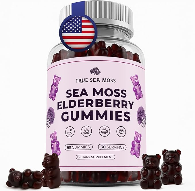 TrueSeaMoss Sea Moss Gummies with Elderberry Burdock Root &amp Bladderwrack – for Adults &amp Kids 4+ – Fruity Flavor – 60 Gummies