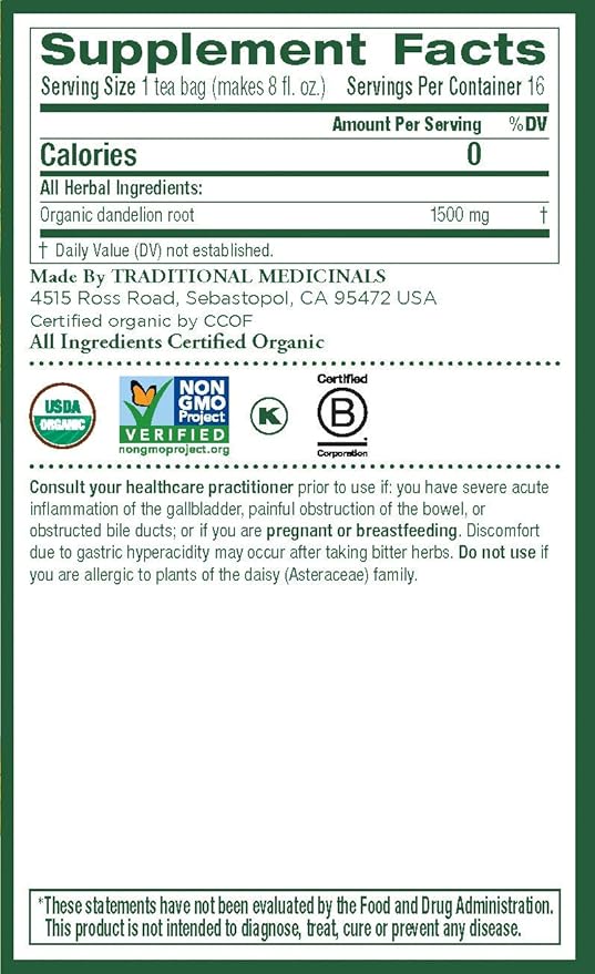 Traditional Medicinals Organic Roasted Dandelion Root Herbal Wrapped Tea Bags - 16 ct - 6 pk