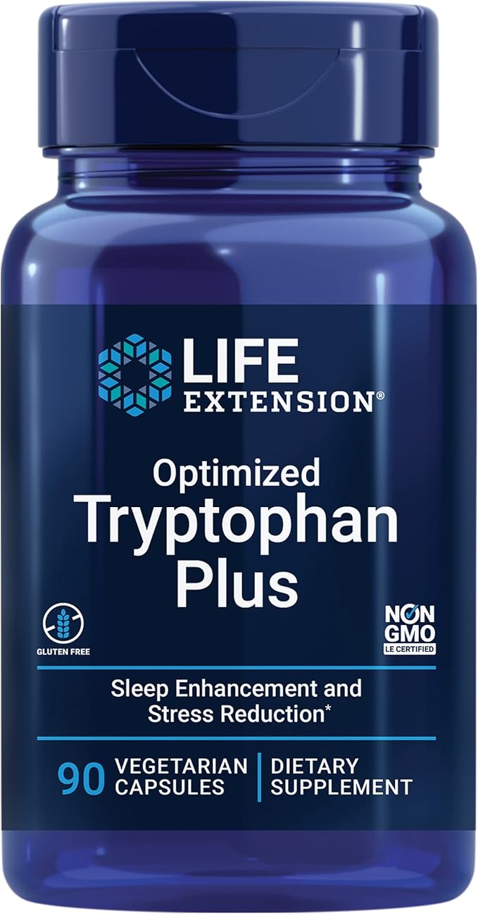 Life Extension Optimized Tryptophan Plus 1000mg - L-Tryptophan Supplement with Niacin and L-Lysine for Healthy Sleep &amp Stress Response – Gluten-Free Non-GMO Vegetarian - 90 Capsules