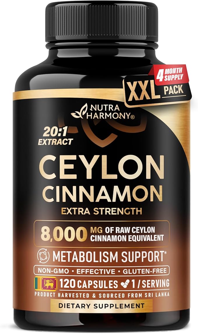 Ceylon Cinnamon Capsules - Extra Strength - Energy Heart &amp Metabolism Support - for Men &amp Women - Pure Natural Extract 20:1 Supplement - Made in USA - GMO &amp Gluten Free 120 Capsules 4 M