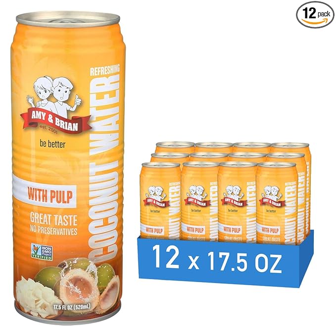 Amy &amp Brian Pure Coconut Water with Pulp Non-GMO No Sugar Added Refreshing and Hydrating Real Coconut Water 17.5 Fl Oz (Pack of 12)