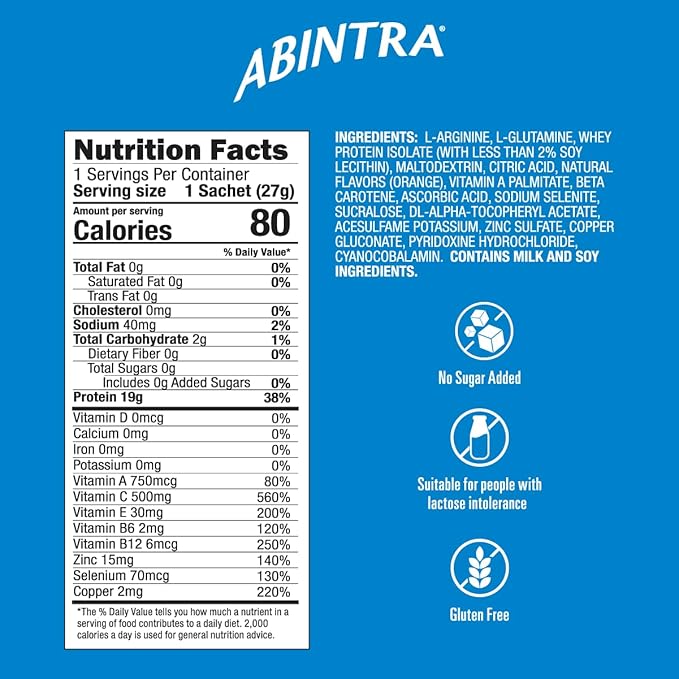 ABINTRA Specialized Nutrition for Wound Healing Includes L-Arginine Orange Flavor 6 Packets 27g Each