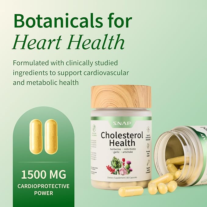Snap Supplements Cholesterol Health - Artichoke Milk Thistle Garlic and Berberine Supplement with Beta Sitosterol (95% Plant Sterols) for Digestive and Metabolic Support 60 Capsules (30 Servings)